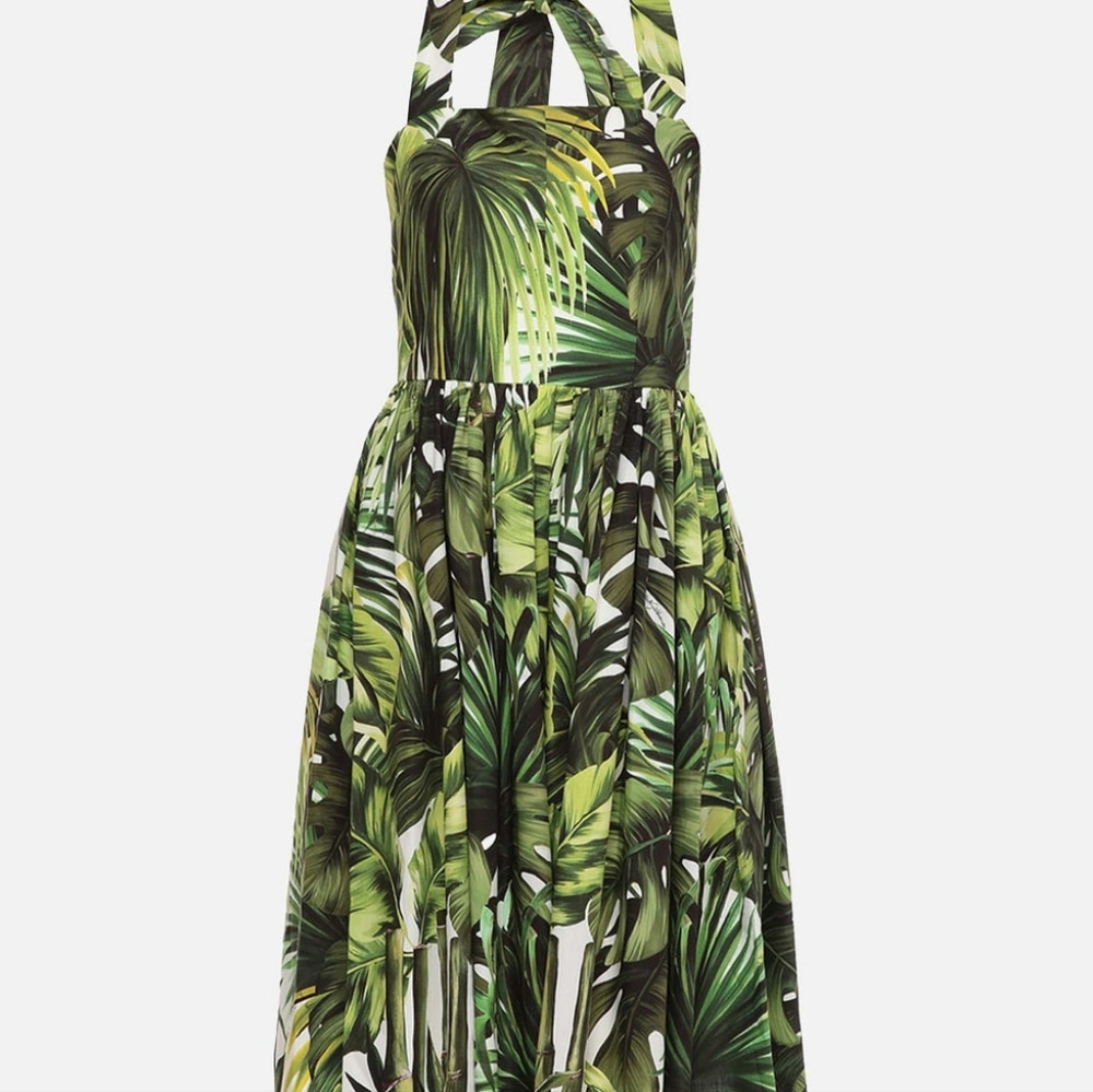 Dolce & Gabbana Green Tropical Leaf Print Halter Dress Size 38